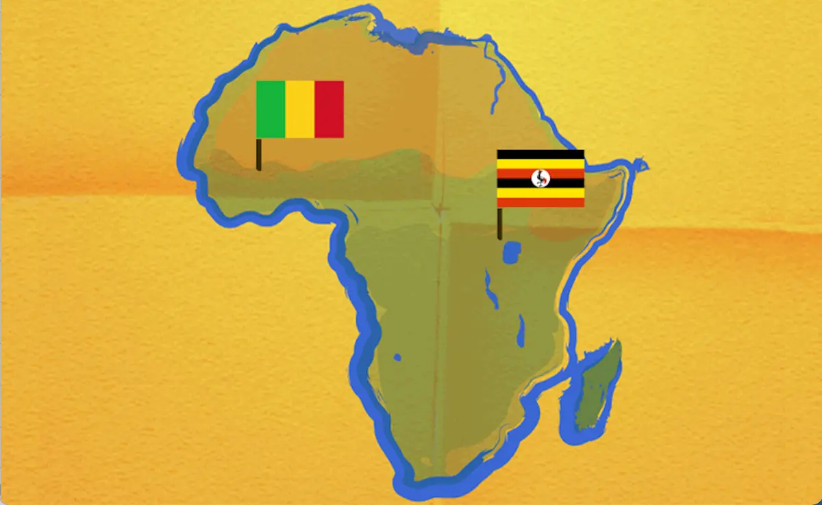 Map of Africa with Mali and Uganda Highlighted