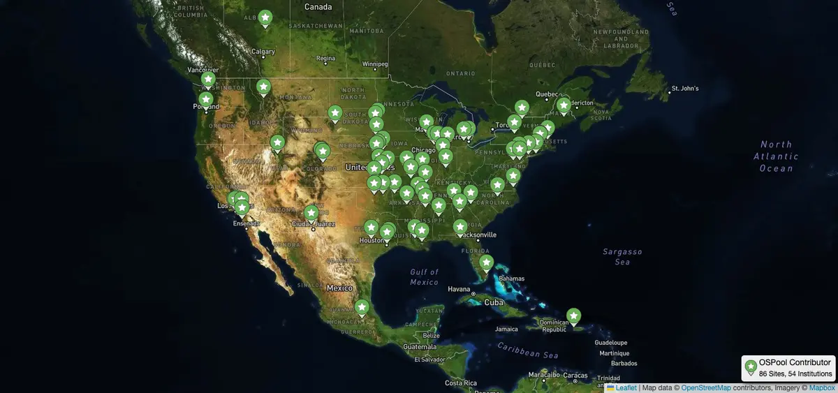 Map of institutions contributing to the Open Science Pool (OSPool).